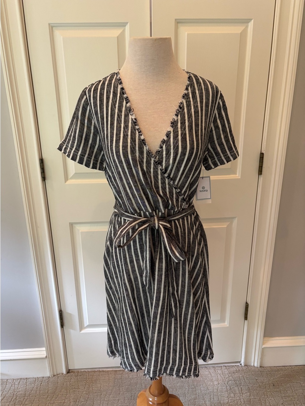 NEW Susina Black & White Striped Wrap Midi Dress